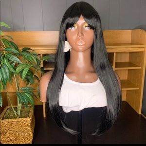 New 26inch Jet Black Silky STRAIGHT Synthetic Hair Wig with Bangs